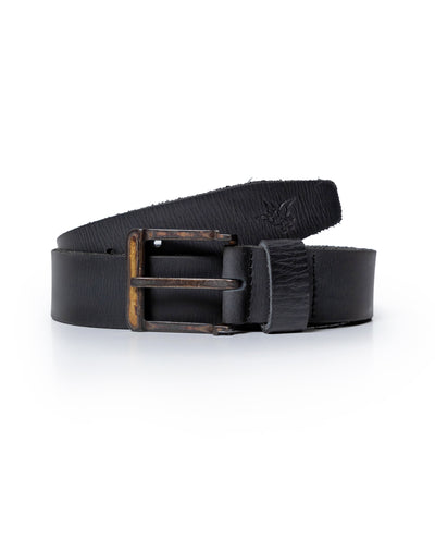 Men's Rodeo Belt Artisan Waxed Cowhide Leather Vintage Amber Buckle - Black