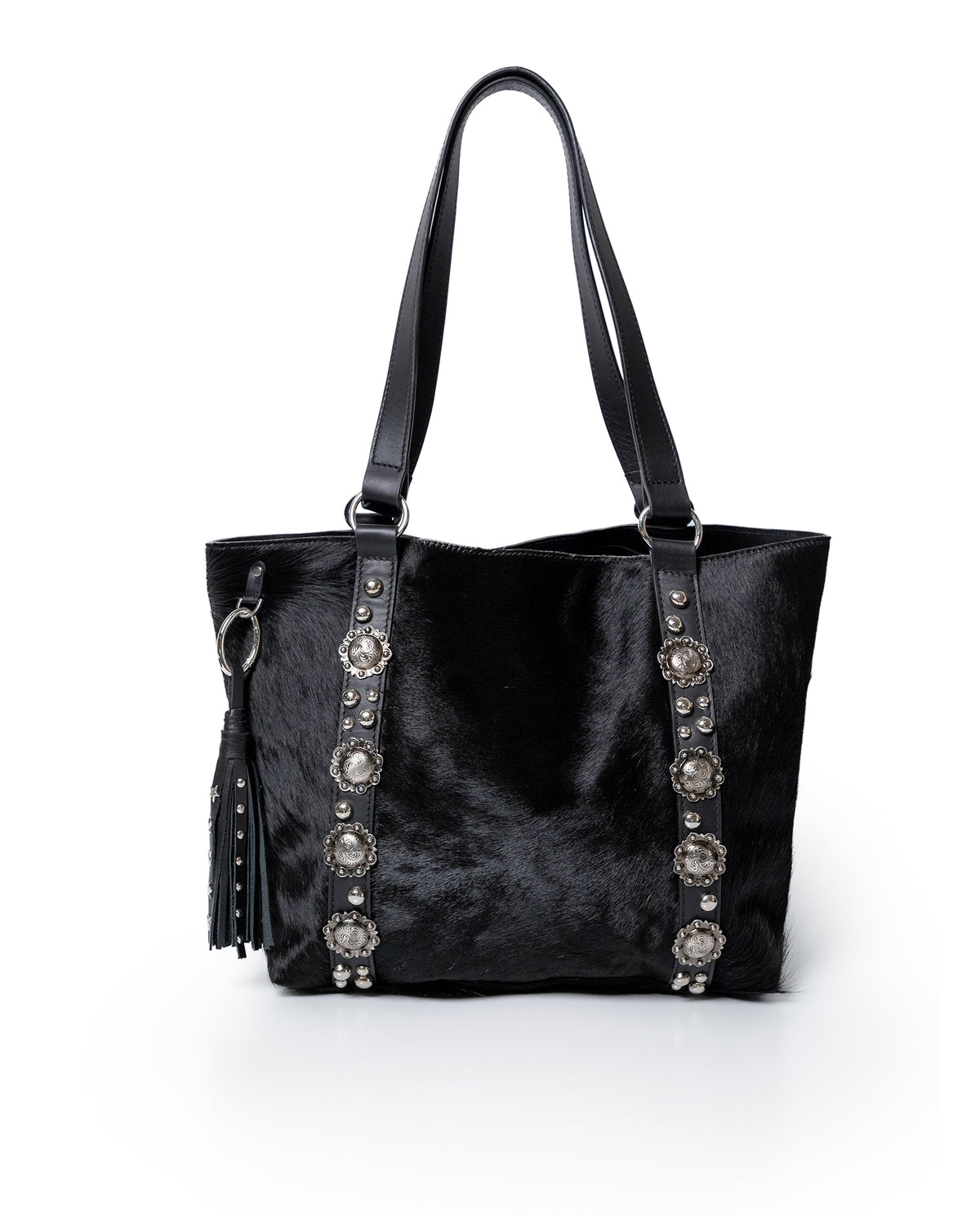 Womens Tote Bag Cowhide Leather Hair-On Black Tone Western Conchos Nickel Metal Clasp Charms - Black 63_201H000_NEG194007_0