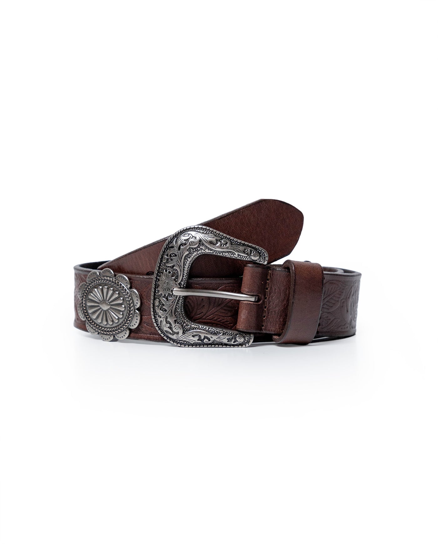 Womens Belt Saddlery Cowhide Leather 100% Floral Low Relief Engraving Western Buckle Conchos - Brown 63_211H000_CAF171430_0