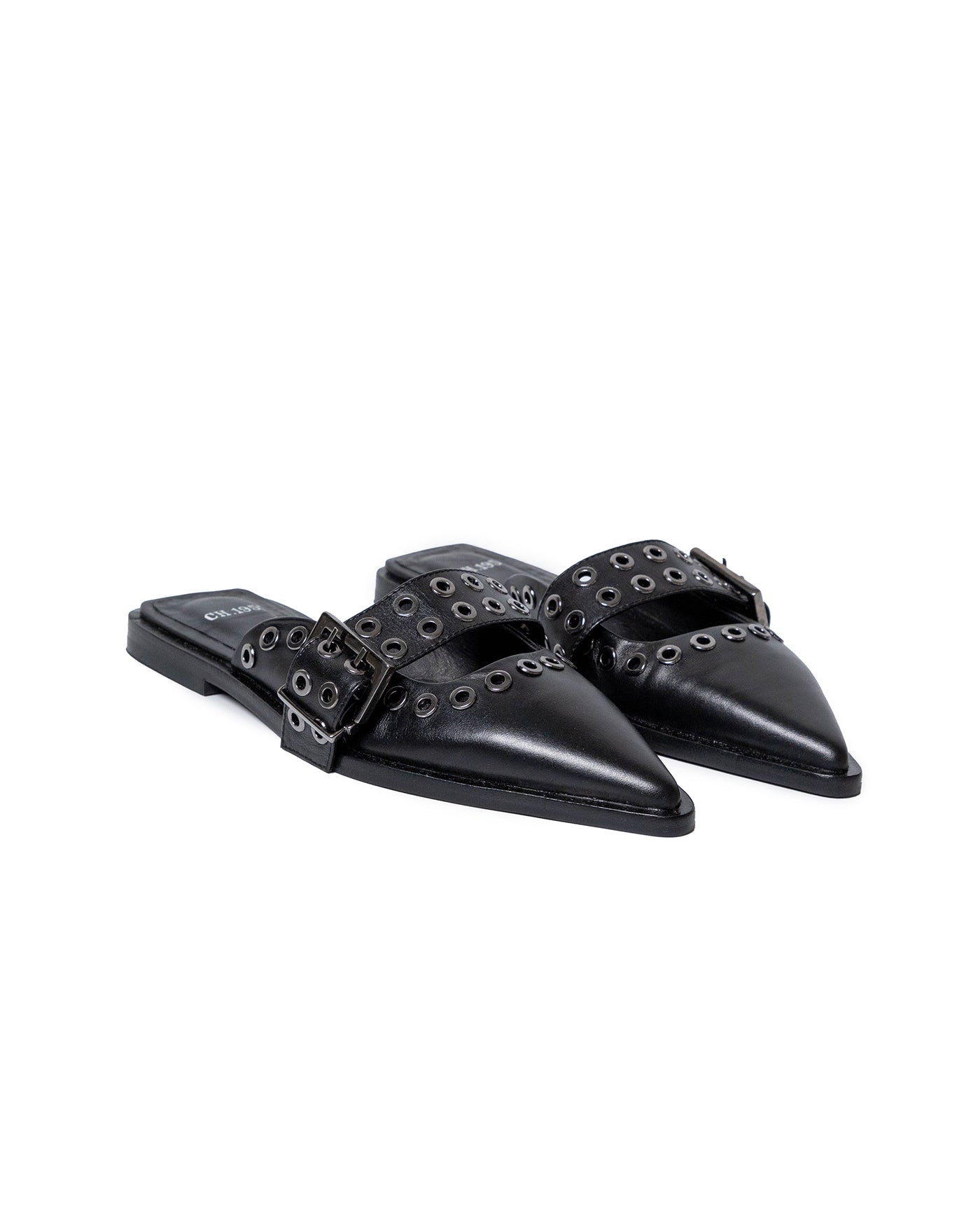 Womens Mules Backless Cowhide Leather Pointed Toe Adjustable Strap - Black 63_261H000_NEG194007_0