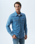 Men's Long Sleeve Stretch Shirt Flap Pockets Light Wash