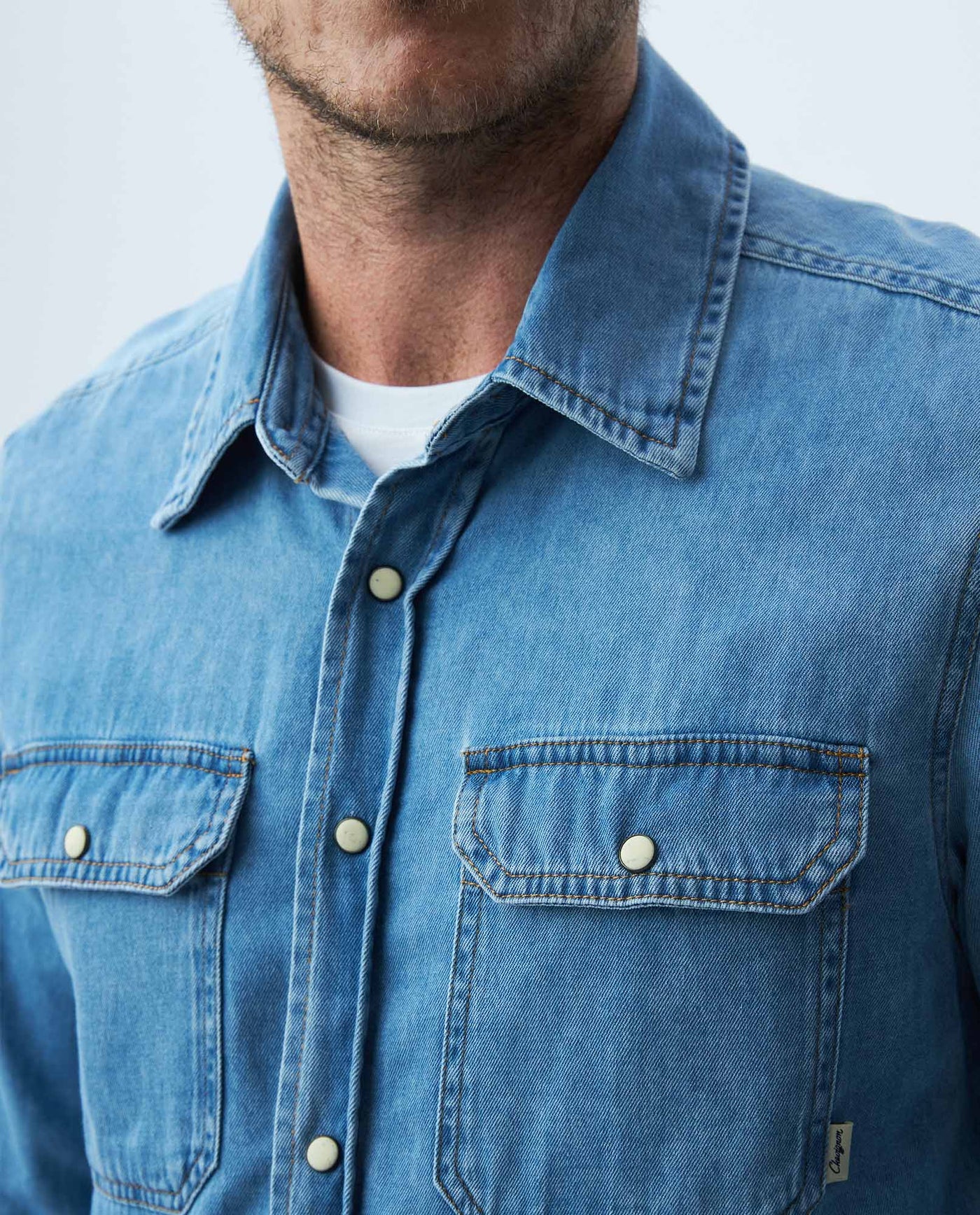 Men's Long Sleeve Stretch Shirt Flap Pockets Light Wash 63_310E800_AZU154020_5