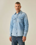 Men's Shirt Long Sleeve Workwear Light Wash Pepper Cotton Distressed Destroyed Flap Pockets - Blue