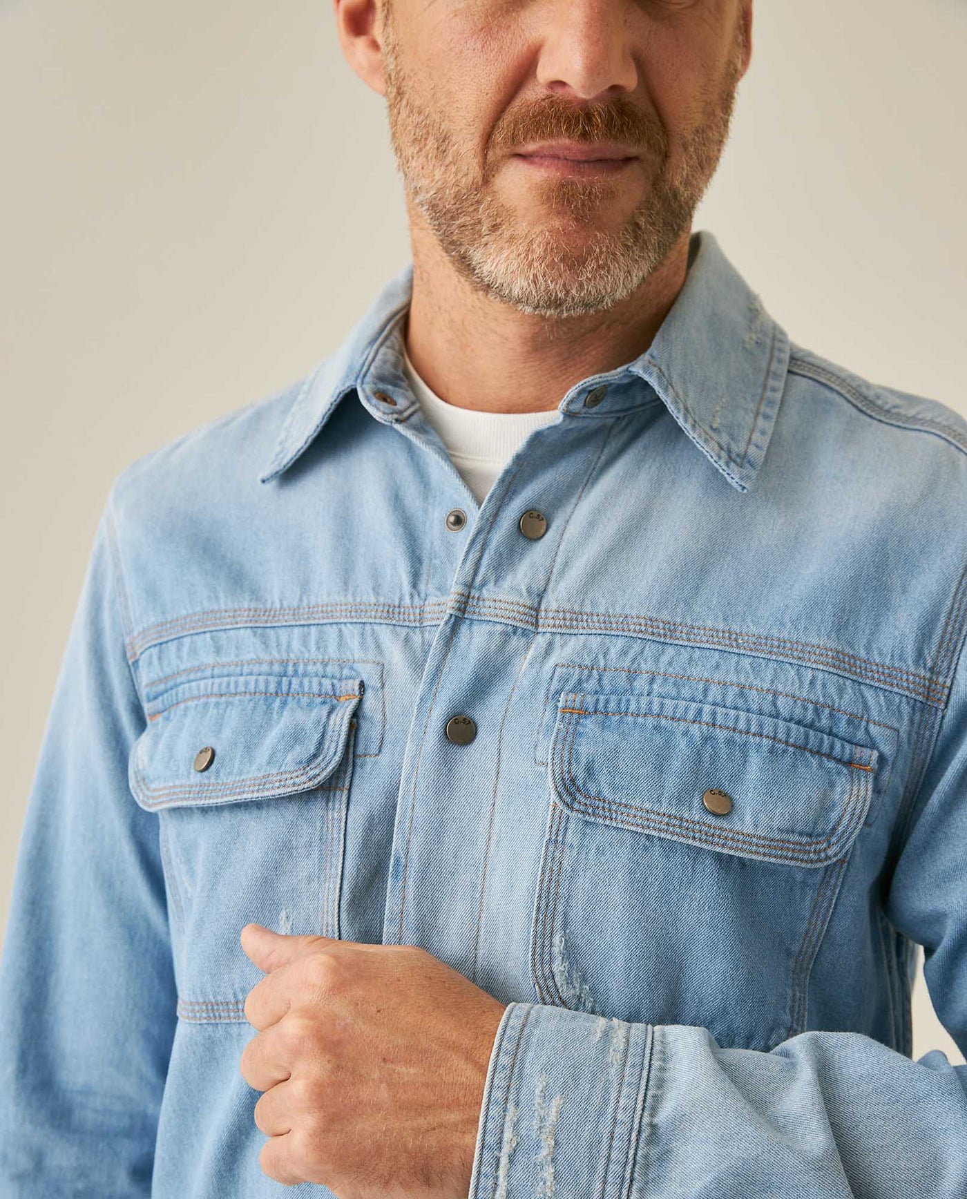 Mens Shirt Long Sleeve Workwear Light Wash Pepper Cotton Distressed Destroyed Flap Pockets - Blue 63_311H002_AZU154020_5