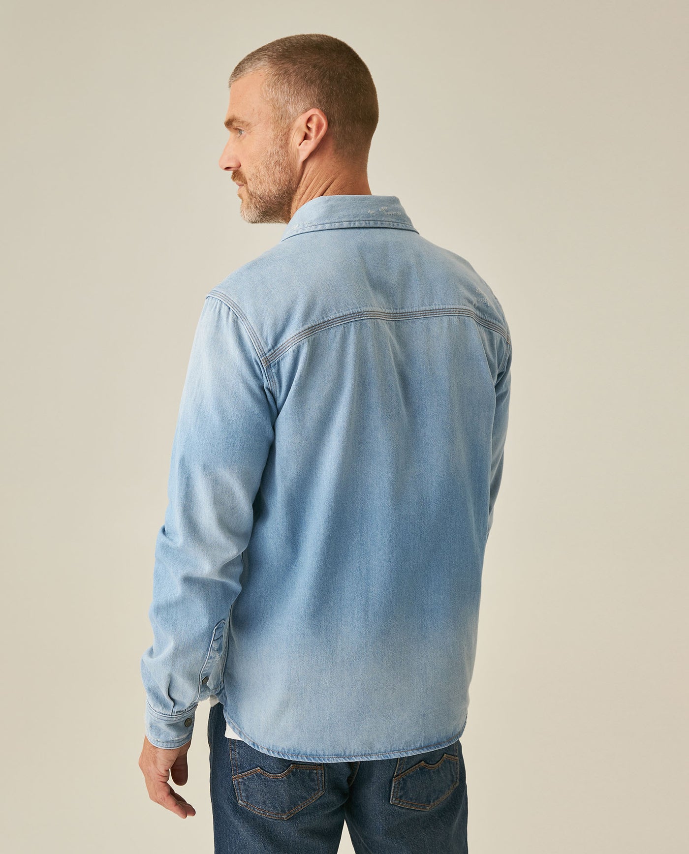 Mens Shirt Long Sleeve Workwear Light Wash Pepper Cotton Distressed Destroyed Flap Pockets - Blue 63_311H002_AZU154020_6