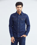 Men's Long Sleeve Shirt Dark Wash Flap Pockets in Cotton