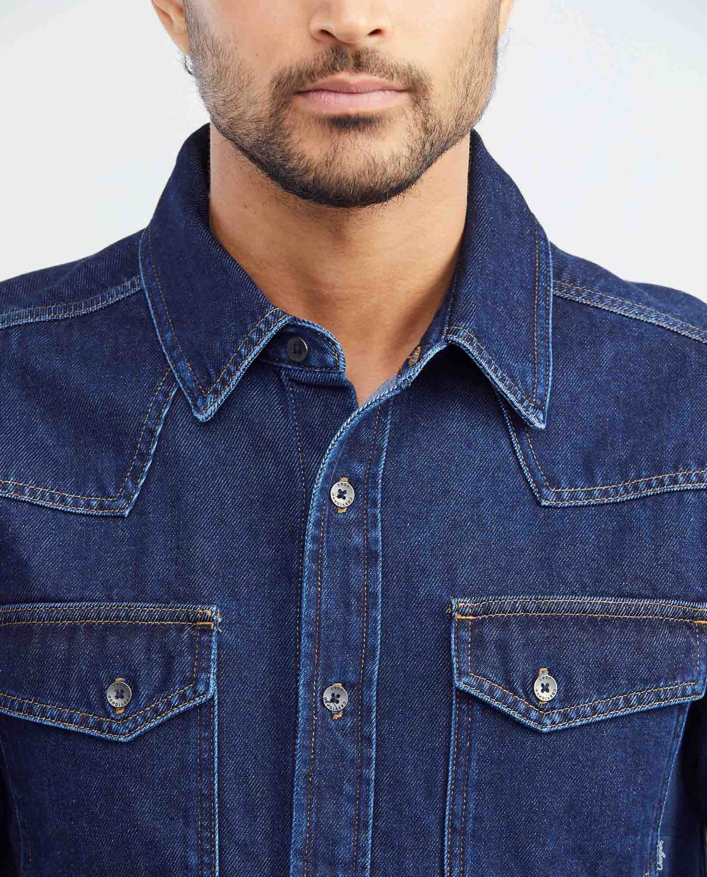 Men's Long Sleeve Shirt Dark Wash Flap Pockets in Cotton 312F003 - 3