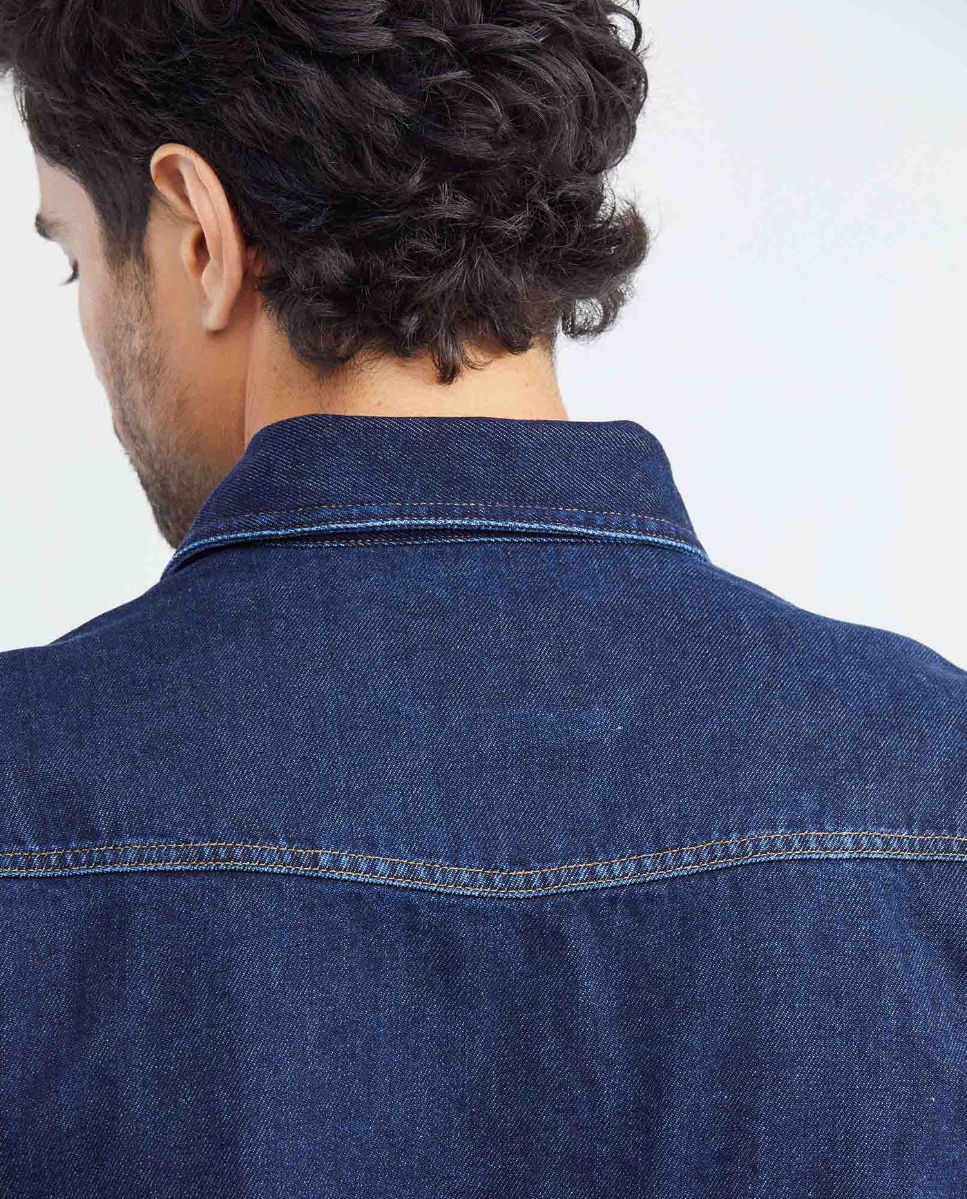Men's Long Sleeve Shirt Dark Wash Flap Pockets in Cotton 312F003 - 6