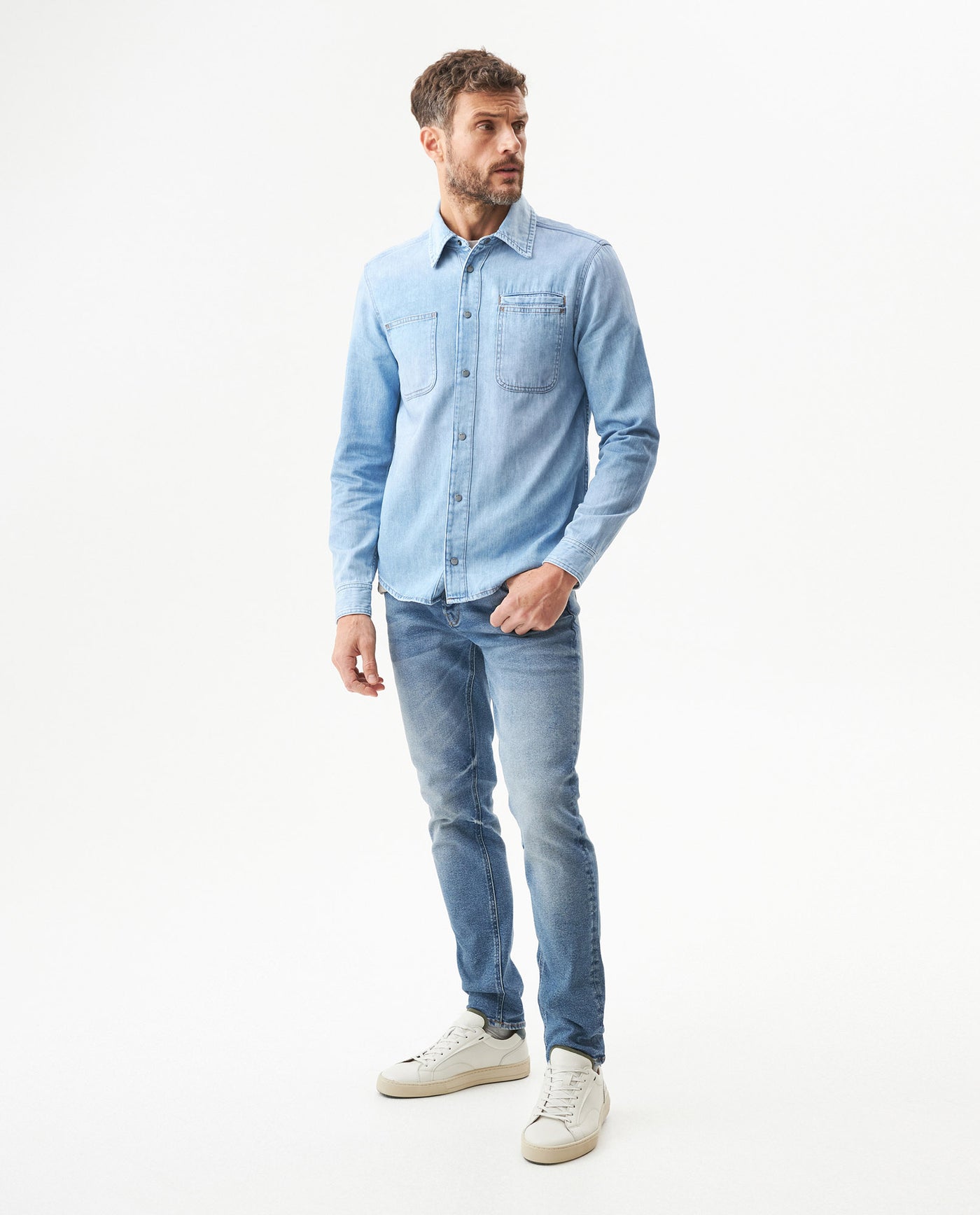Men's Long Sleeve Denim Shirt in Cotton Regular Fit, Twilight - 3