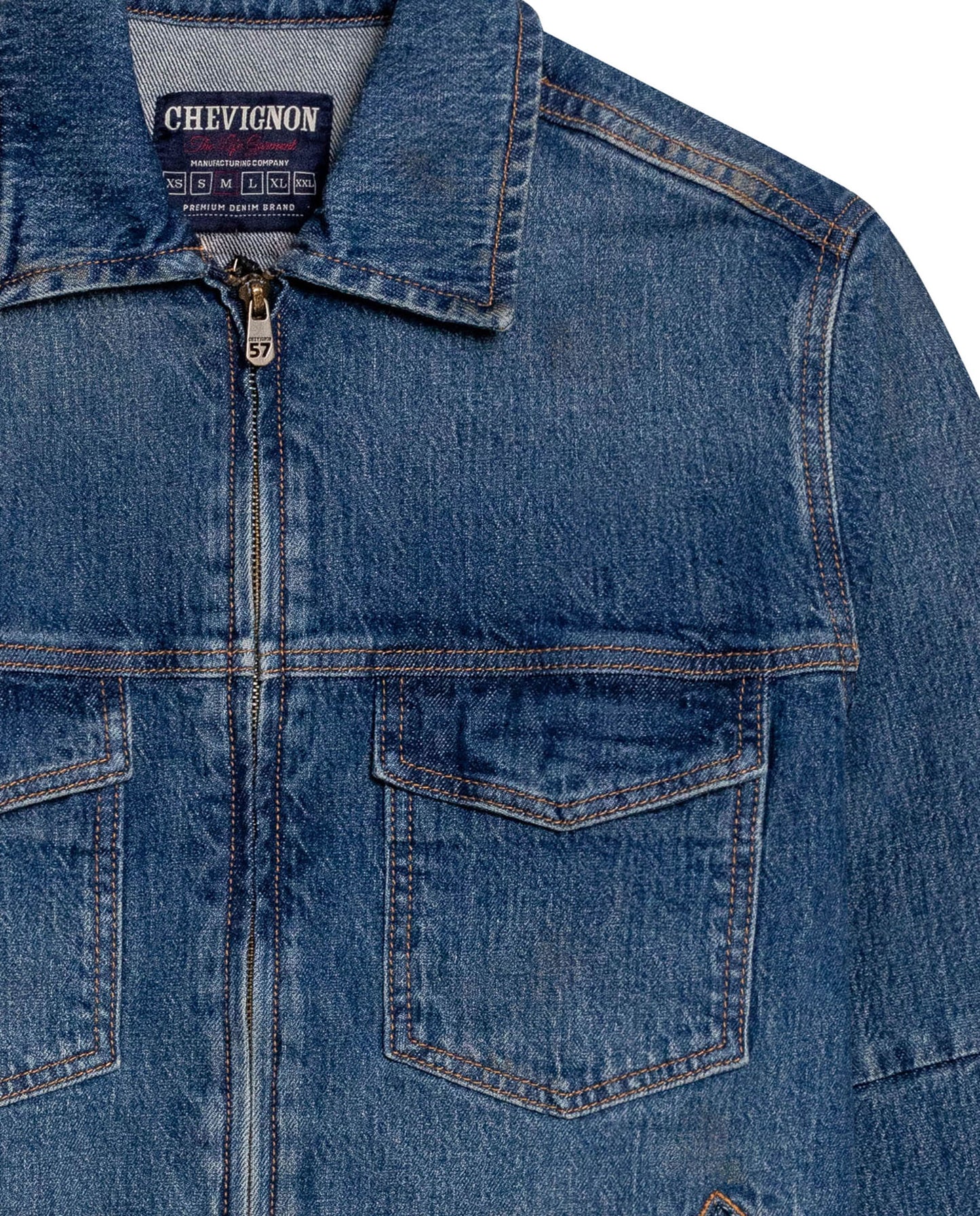 Mens Trucker Jacket Straight Cut Medium Wash Cotton Elastane Zipper Closure Leather Badge - Blue 63_321H000_AZU184140_8