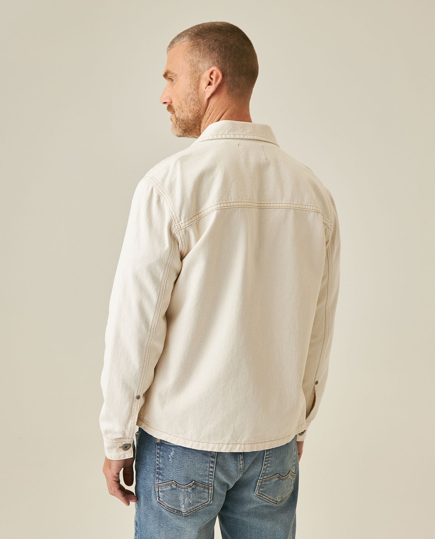 Mens Shacket Straight Silhouette Raw Ivory Wash Cotton Contrast Stitching Patch Pockets - Raw 63_321H002_CRU134403_6