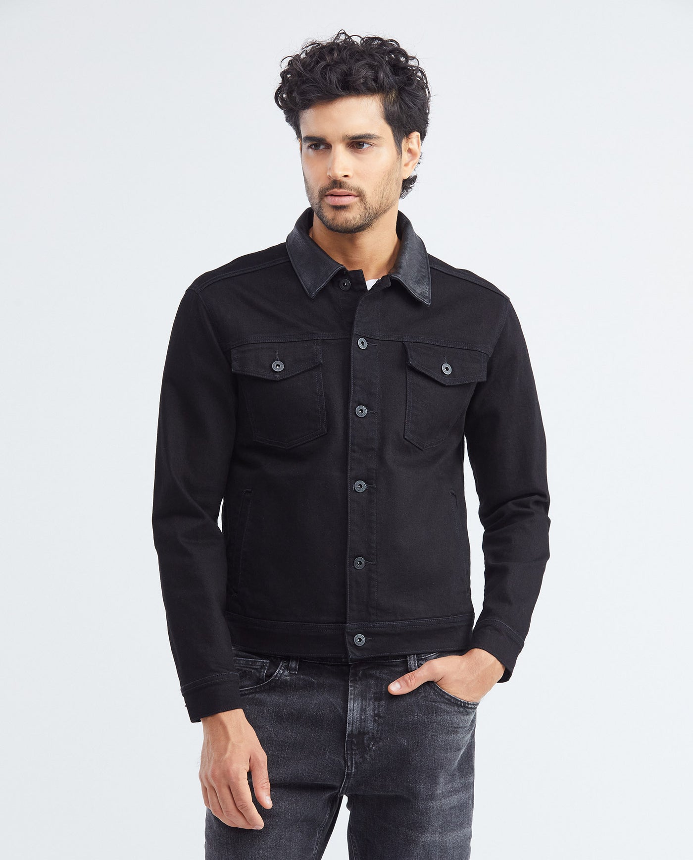 Men's Trucker Jacket Black Wash Leather Collar in Cotton Stretch Blend 322F002 - 1