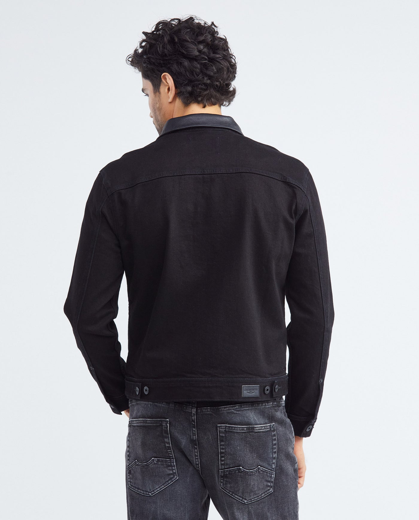 Men's Trucker Jacket Black Wash Leather Collar in Cotton Stretch Blend 322F002 - 4