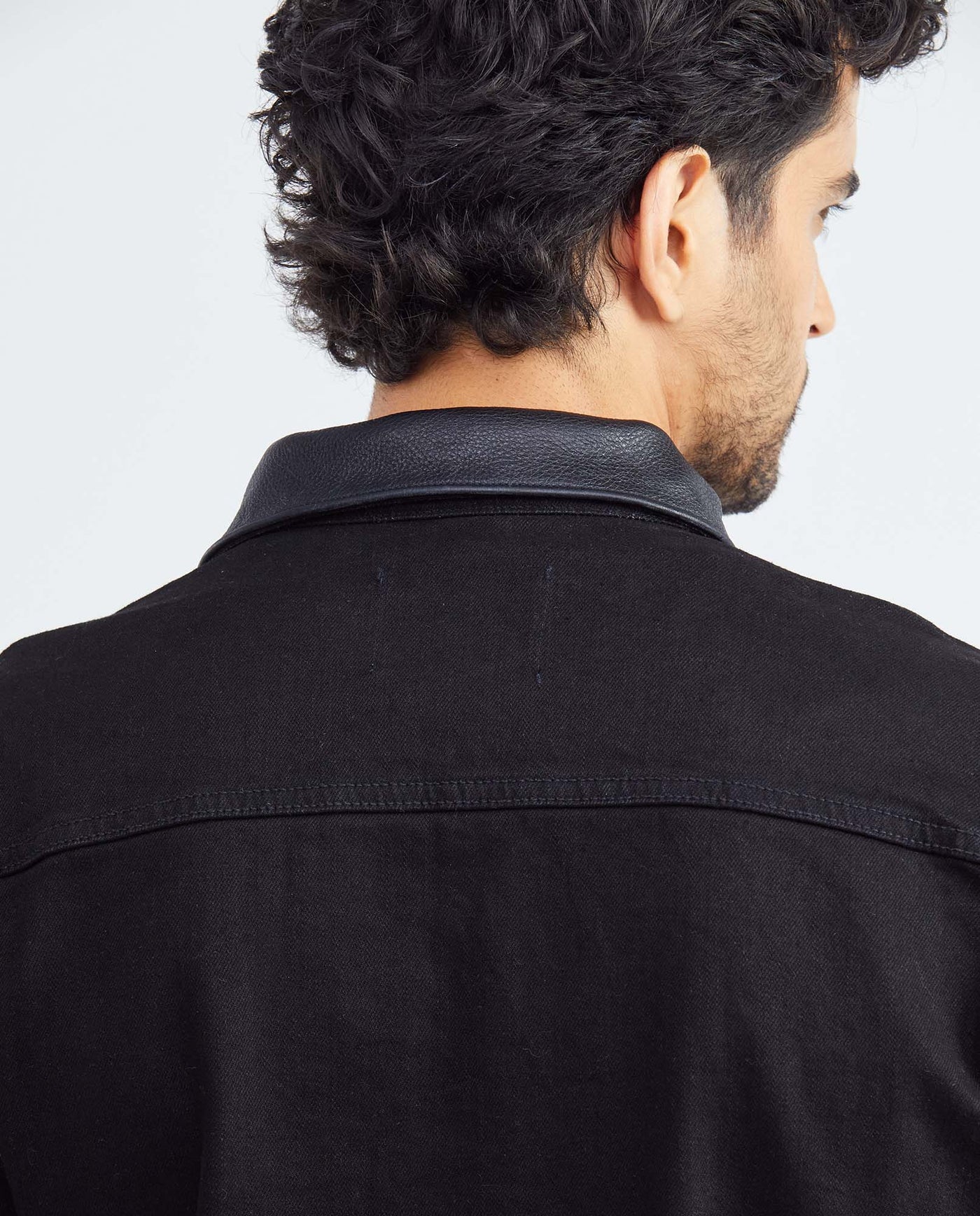 Men's Trucker Jacket Black Wash Leather Collar in Cotton Stretch Blend 322F002 - 5