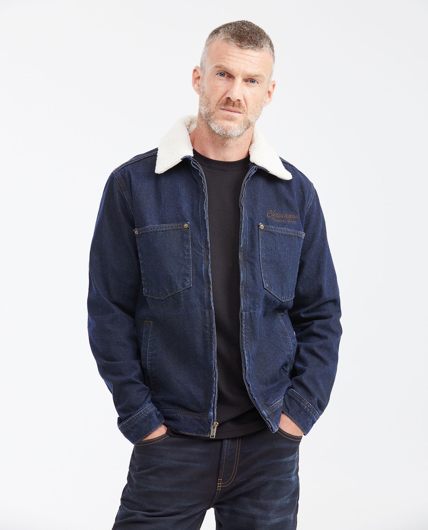 Denim Trucker Jacket with Removable Sherpa Collar Dark Blue for Men - Blue 322G000 - 1
