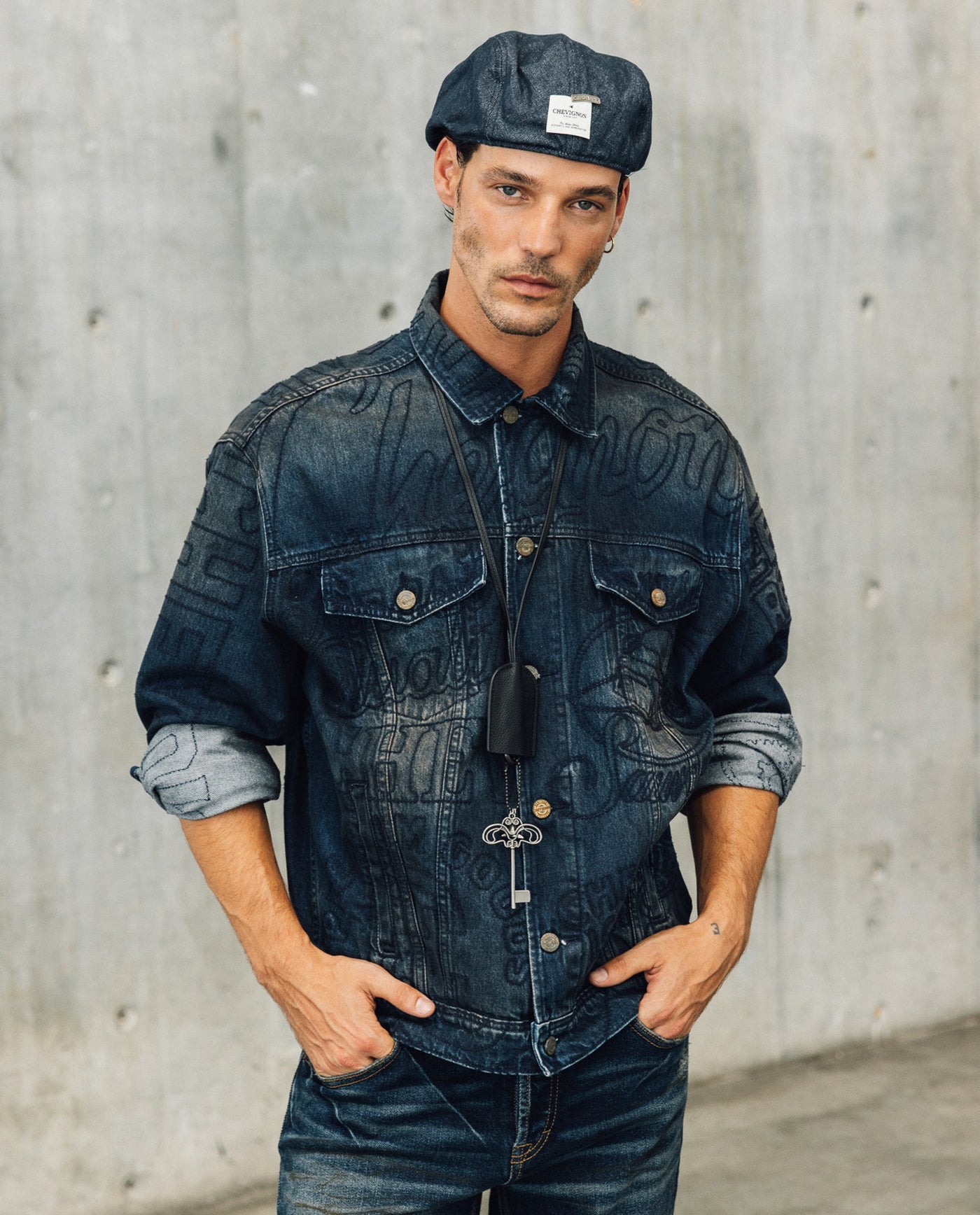 Mens Embroidered Denim Trucker Jacket - Special Collection - Blue 63_322H201_AZU194052_0