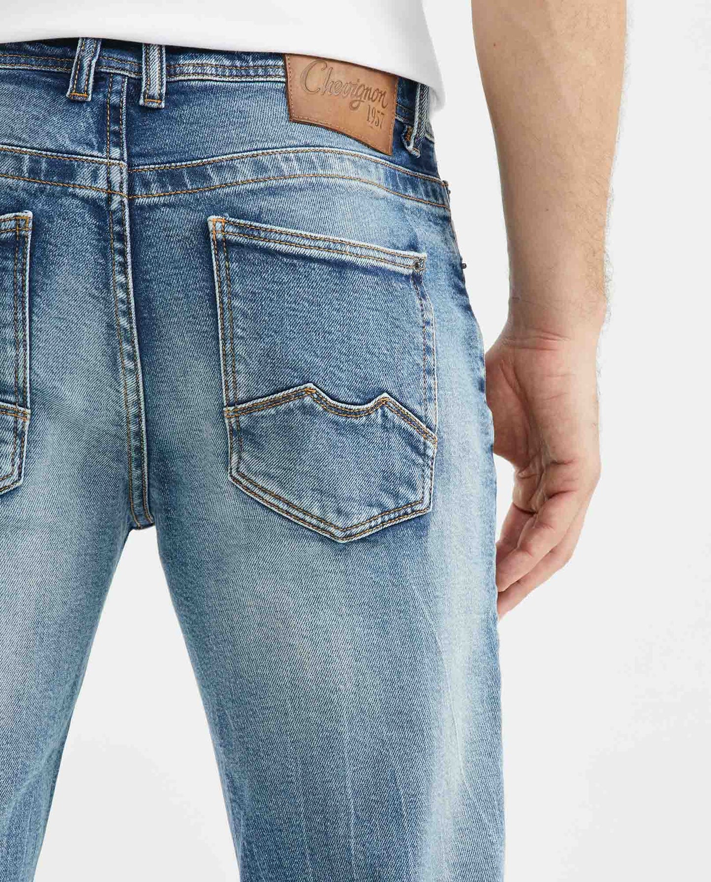 Men's Jeans Slim Fit, Famous, Slim Boot - Light Vintage Blue Crackled Effect - Blue - 5