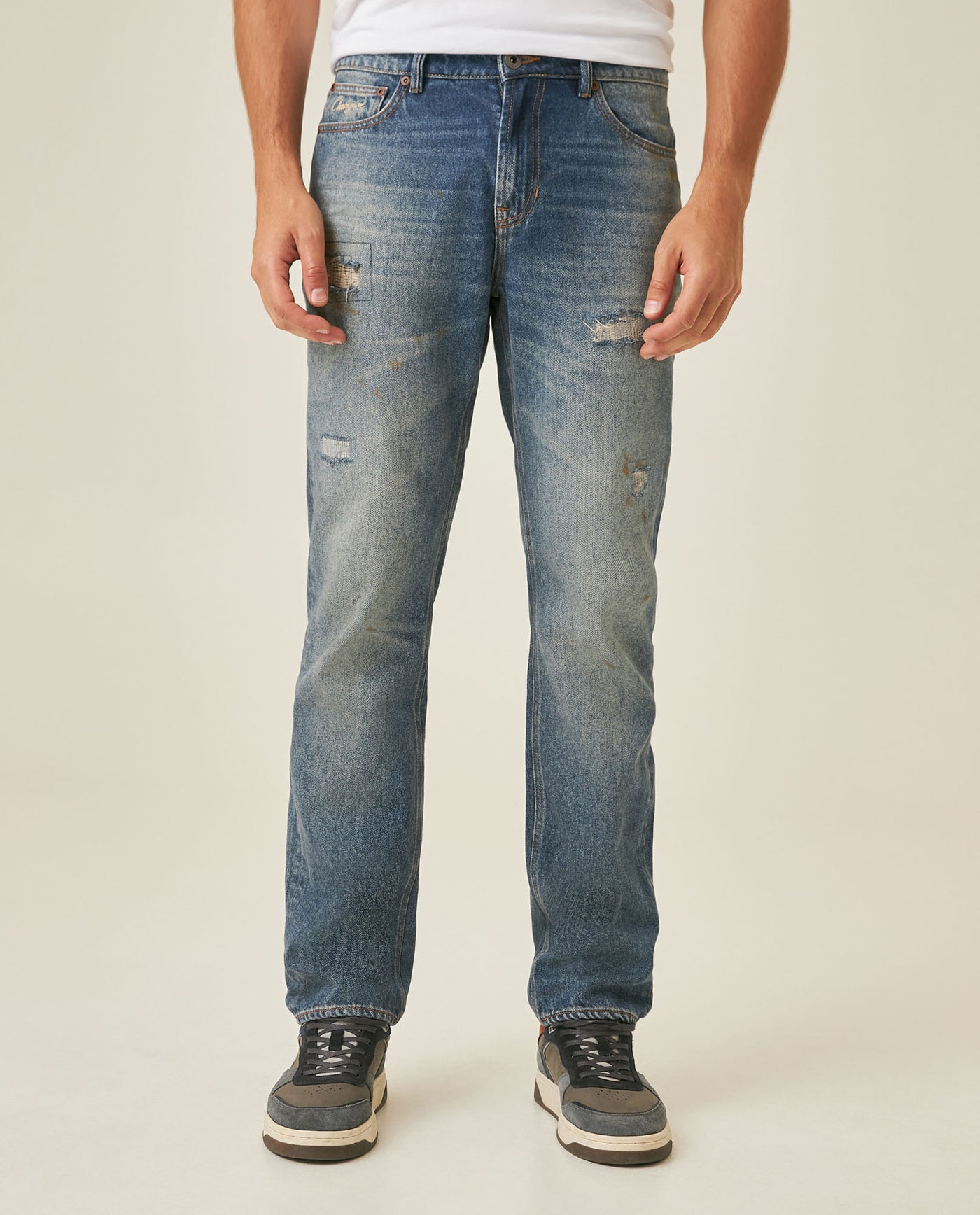 Mens Jeans Slim Fit Mid Rise Dark Wash Cotton Lyocell Distressed Repairs Embroidered Logo - Blue 63_331H000_AZU184140_0