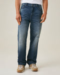 Men's Jeans Relaxed Fit High Rise Medium Wash Cotton Elastane Leather Waistband Badge - Blue