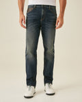 Men's Jeans Straight Fit High Rise Ultra Dark Wash Cotton Elastane Leather Watch Pocket Distressed - Blue