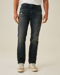 Men's Jeans Slim Fit Mid Rise Dark Wash Cotton Elastane Distressed Patches Leather Waistband Badge - Blue
