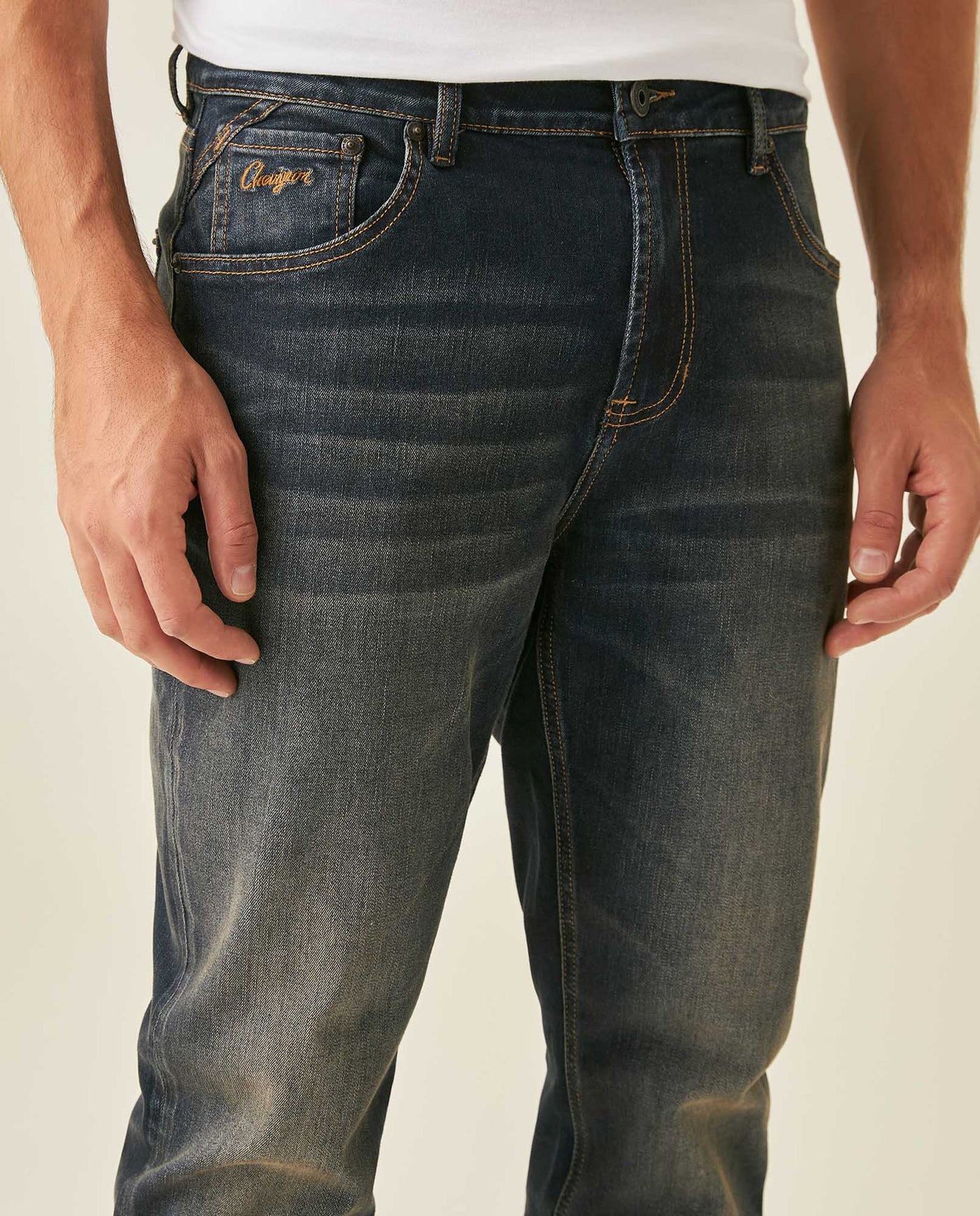 Mens Jeans Slim Fit Mid Rise Dark Wash Cotton Recycled Polyester Elastane Intense Distressed Dirty Effect - Blue 63_331H011_AZU194052_5