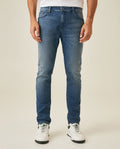 Men's Jeans Skinny Fit Mid Rise Medium Wash Cotton Recycled Polyester Elastane Clean Subtle Distressing - Blue