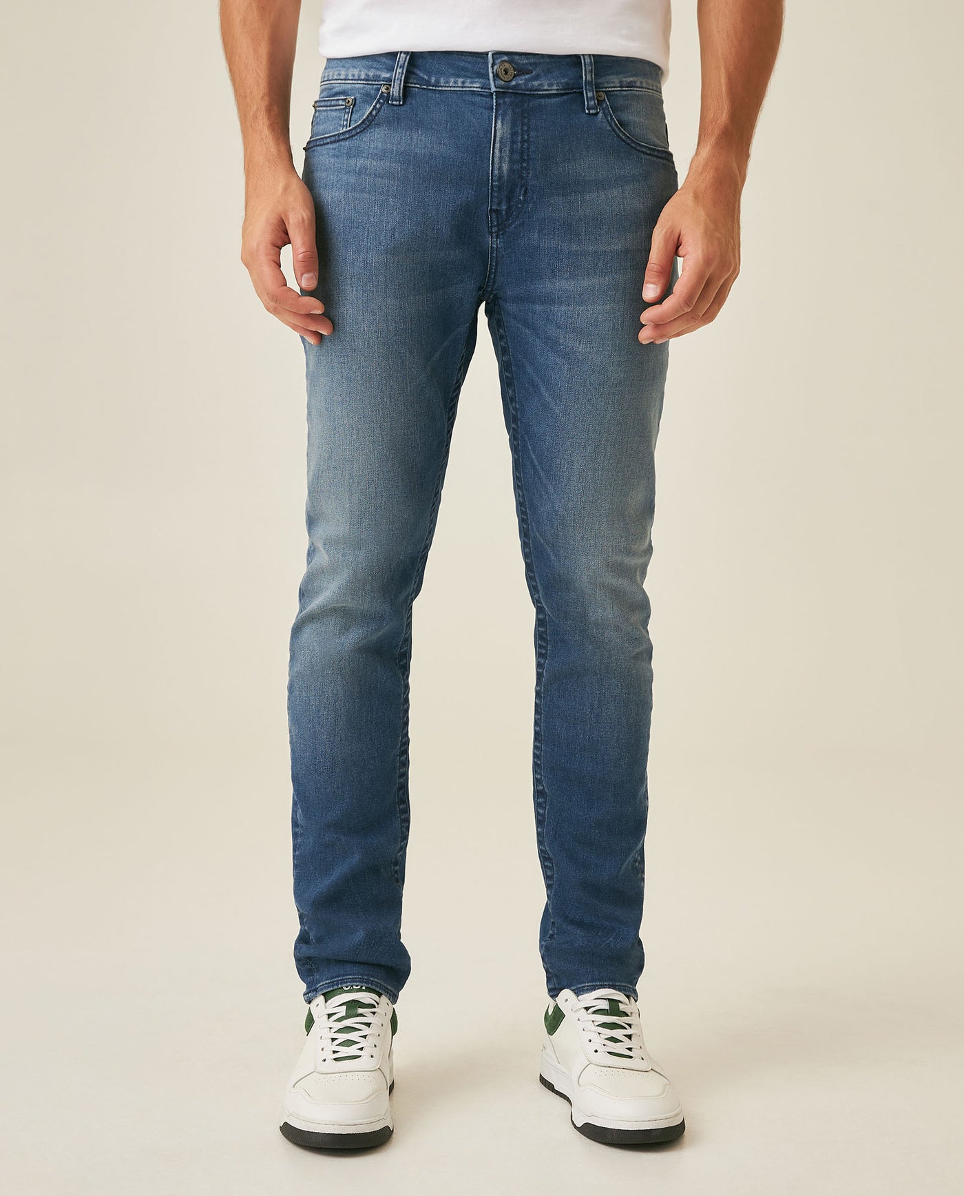 Mens Jeans Skinny Fit Mid Rise Medium Wash Cotton Recycled Polyester Elastane Clean Subtle Distressing - Blue 63_331H014_AZU184140_0