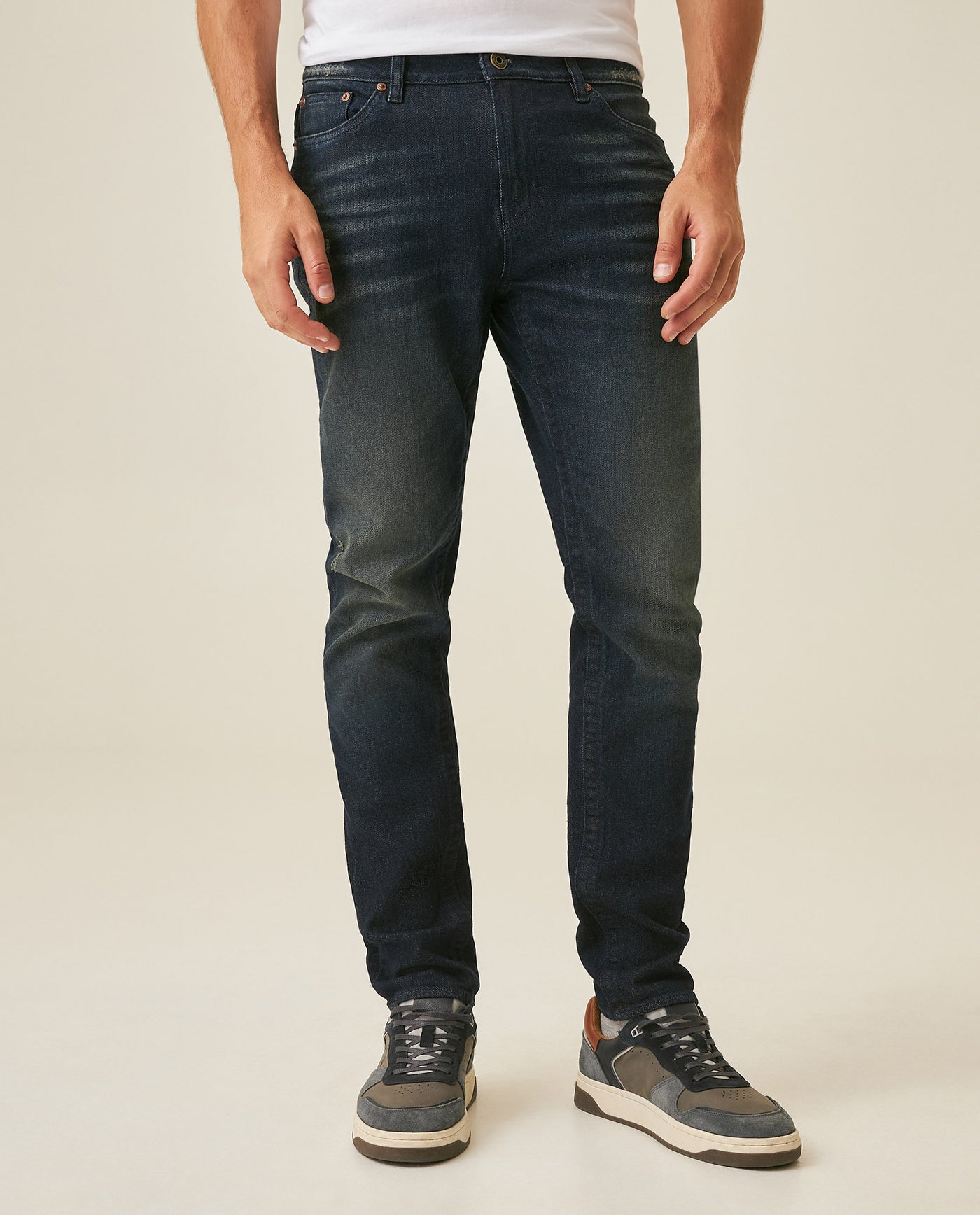 Mens Jeans Skinny Fit Mid Rise Dark Wash Cotton Elastane Classic Distressing Clean Dark Wash - Blue 63_331H019_AZU194052_0