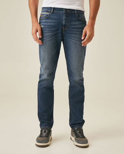 Men's Jeans Straight Fit Mid Rise Dark Wash Cotton Elastane Classic Distressing Mini Rips Embroidered - Blue