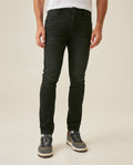Men's Jeans Skinny Fit Low Rise Black Wash Cotton Polyester Elastane Subtle Knee Thigh Distressing - Black