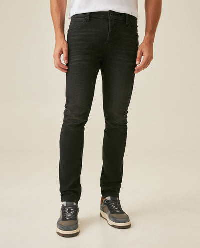 Men's Jeans Skinny Fit Low Rise Black Wash Cotton Polyester Elastane Subtle Knee Thigh Distressing - Black