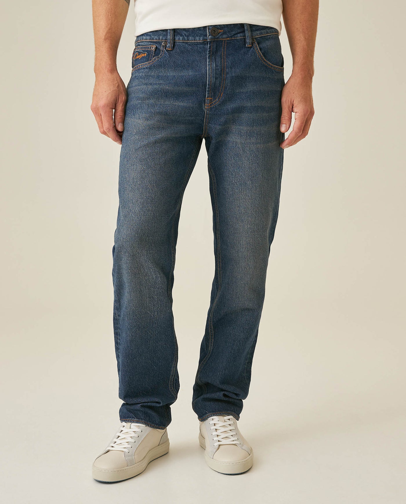 Mens Jeans Slim Fit Mid Rise Dark Wash Recycled Cotton Viscose Polyester Elastane Embroidered - Blue 63_331H141_AZU194052_0