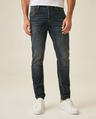 Men's Heritage Jeans Super Slim Fit Low Rise Ultra Dark Wash Cotton Polyester Elastane Subtle Distressing - Blue
