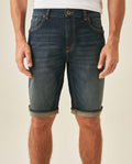 Men's Bermuda Shorts Mid Rise Dark Wash Organic Cotton Elastane Subtle Distressing Leather Waistband Badge - Blue