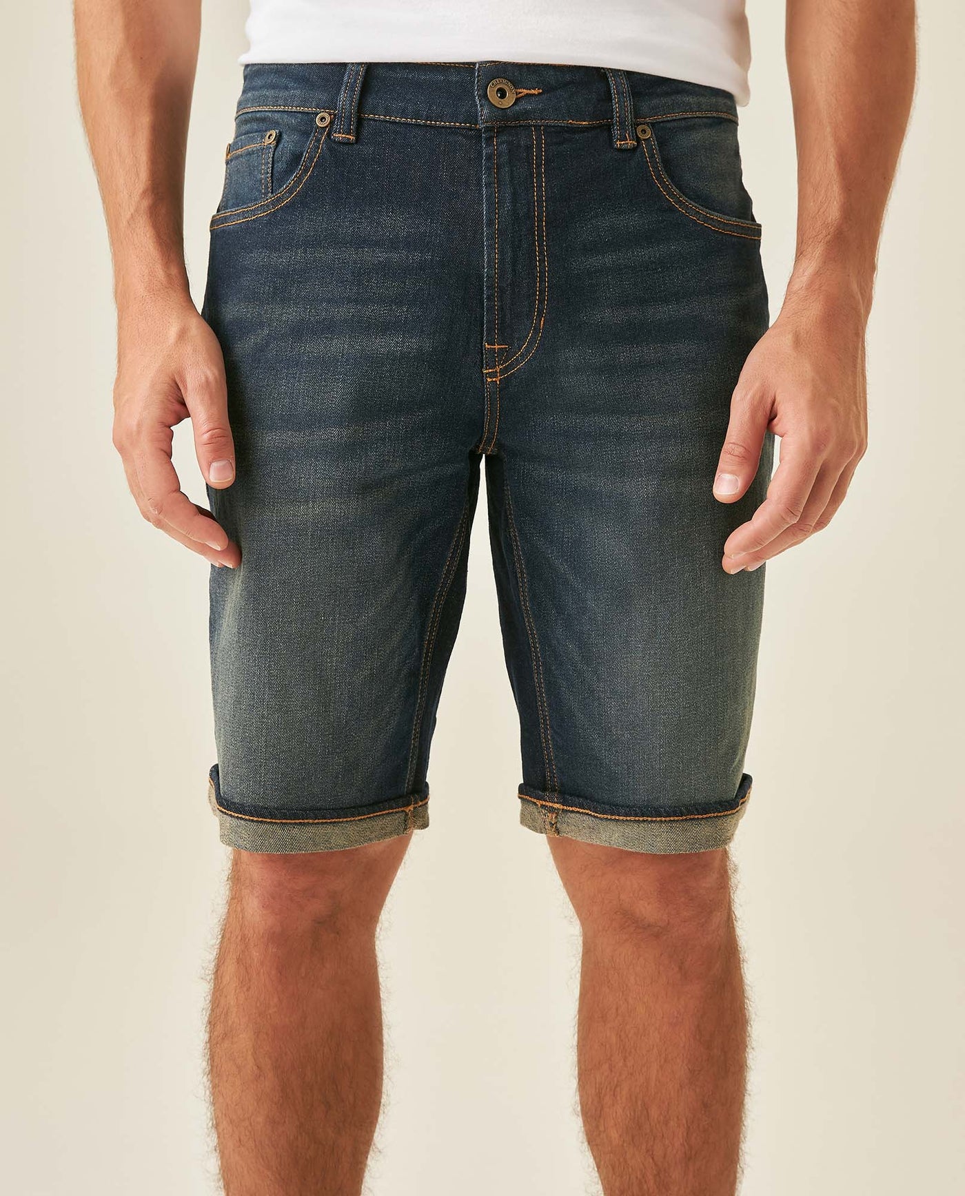Mens Bermuda Shorts Mid Rise Dark Wash Organic Cotton Elastane Subtle Distressing Leather Waistband Badge - Blue 63_351H002_AZU194052_0