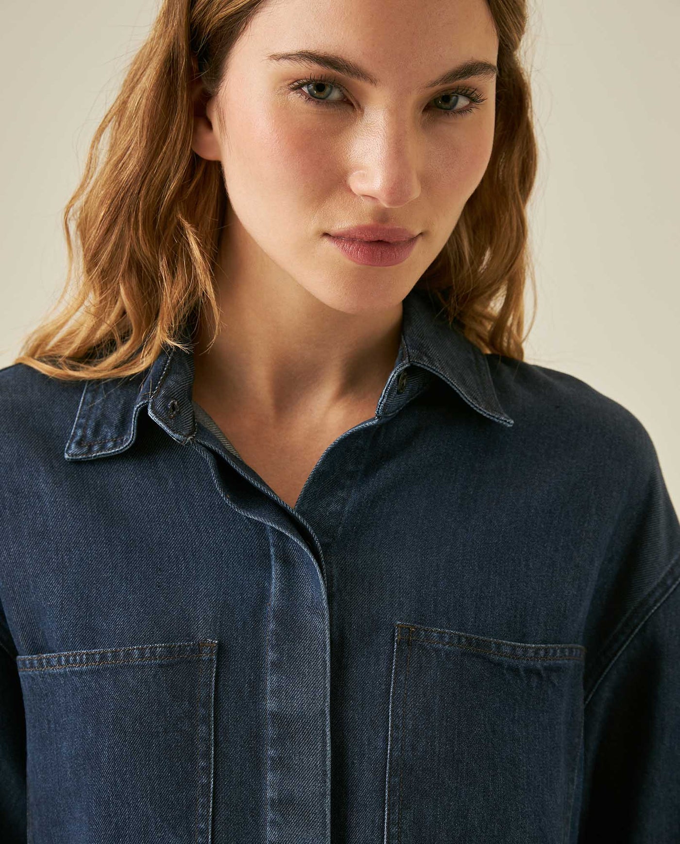 Womens Shirt Oversize Long Sleeve Lyocell Dark Wash Fluid Drape Hidden Placket - Blue 63_411H700_AZU184028_5