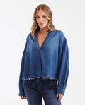 Women's Oversized Dark Wash Denim Shirt with Mandarin Collar in Non-Stretch Cotton
