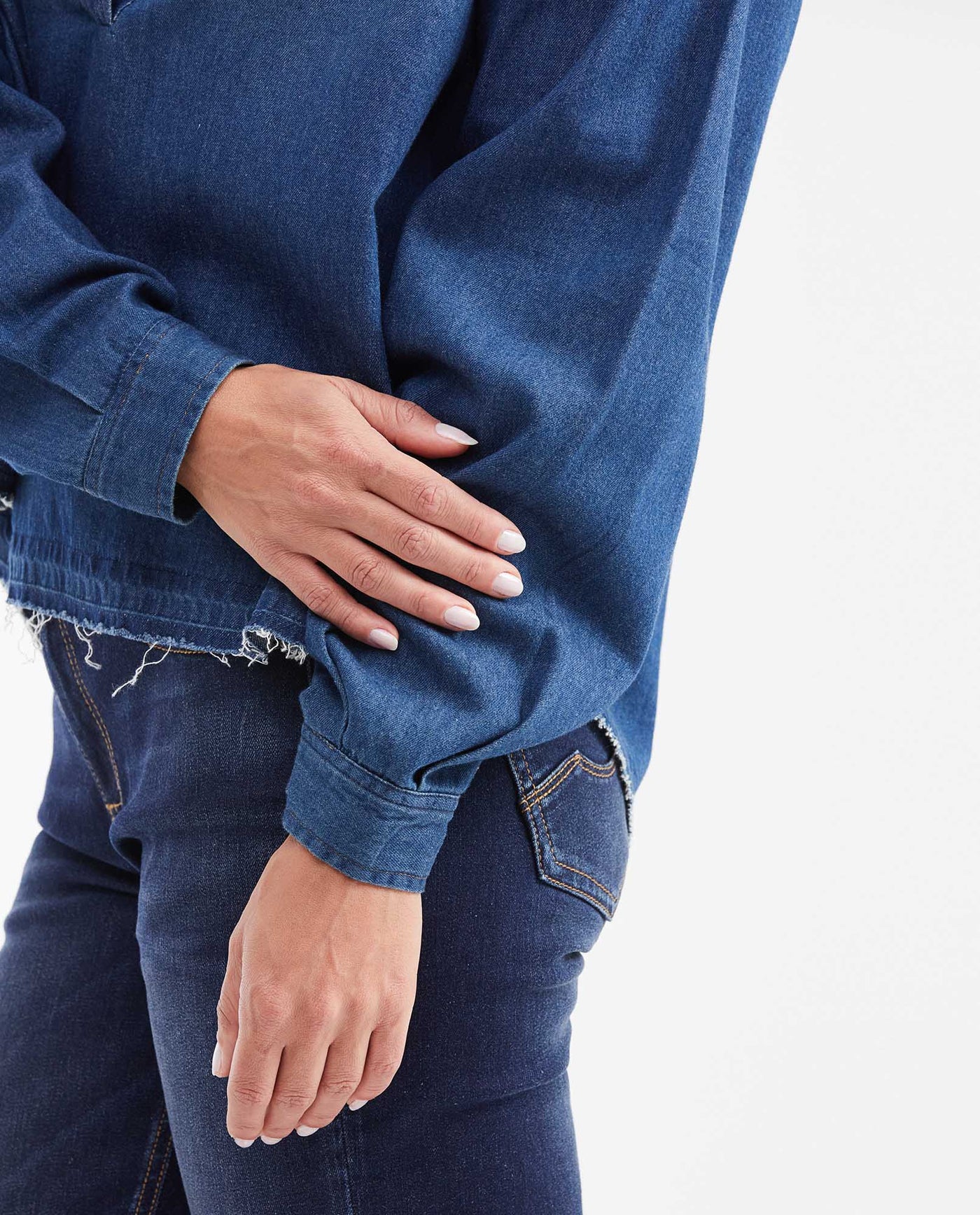 Women's Oversized Dark Wash Denim Shirt with Mandarin Collar in Non-Stretch Cotton - 3