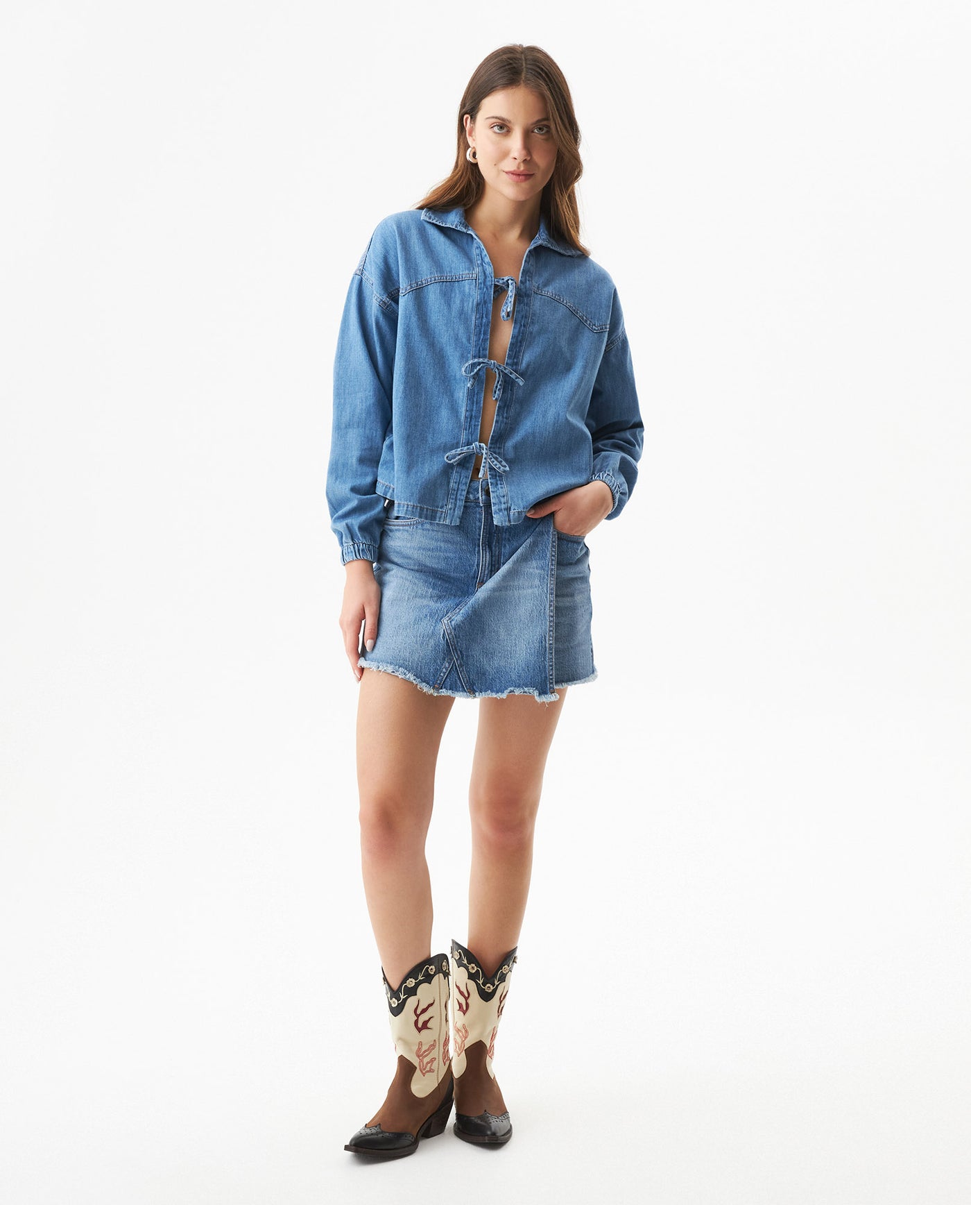 Women's Tie-Front Long Sleeve Denim Shirt in Cotton - 3