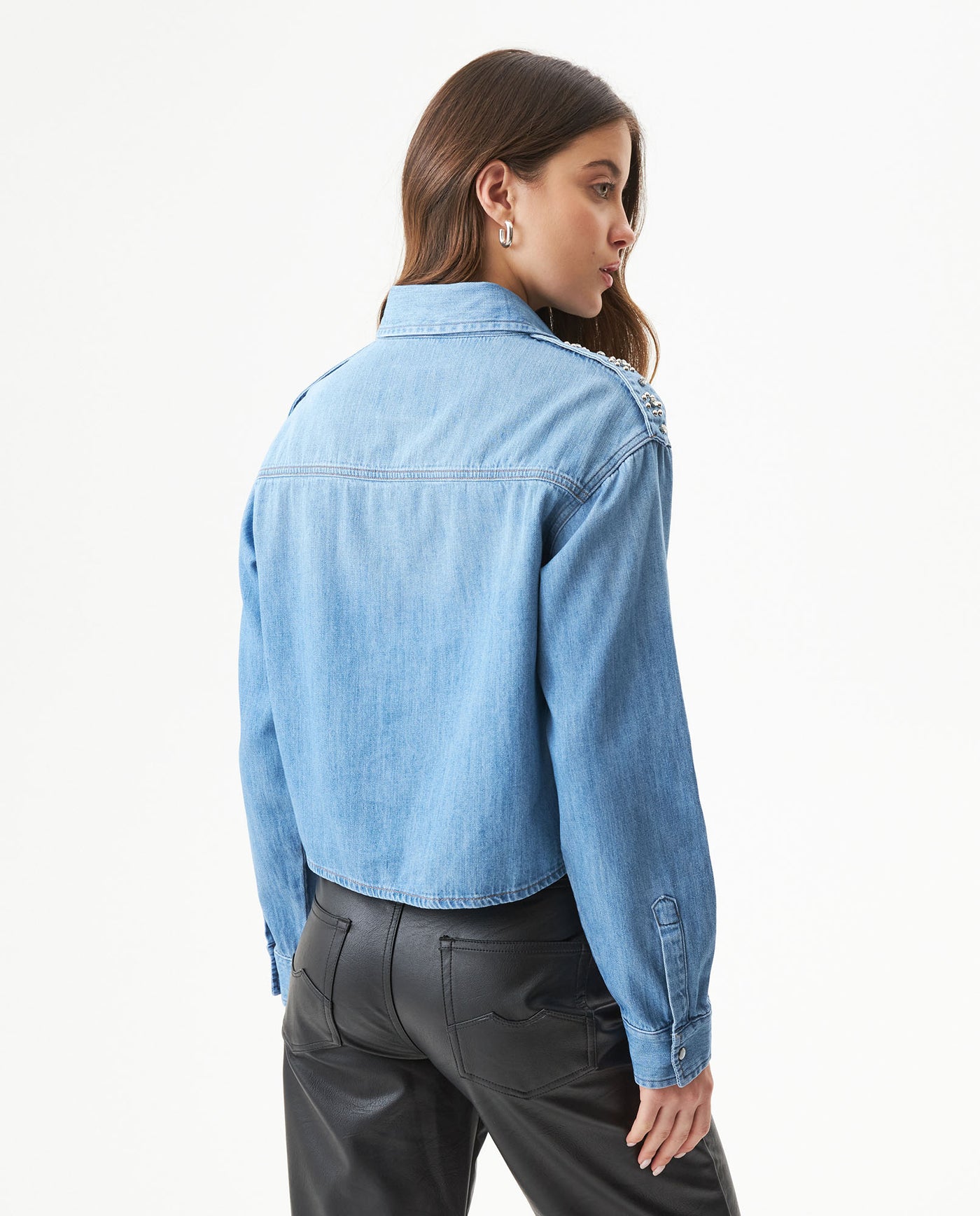 Women's Shoulder Strap Long Sleeve Denim Shirt in Cotton 419G002 - 5