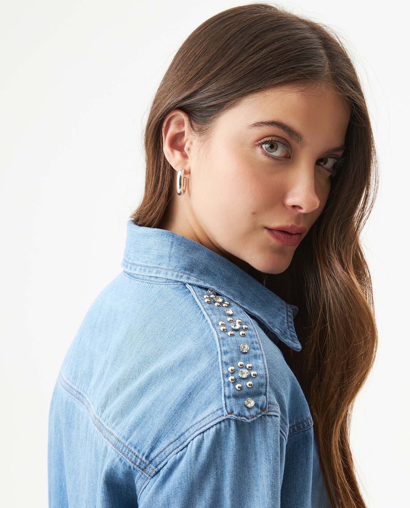 Women's Shoulder Strap Long Sleeve Denim Shirt in Cotton 419G002 - 6