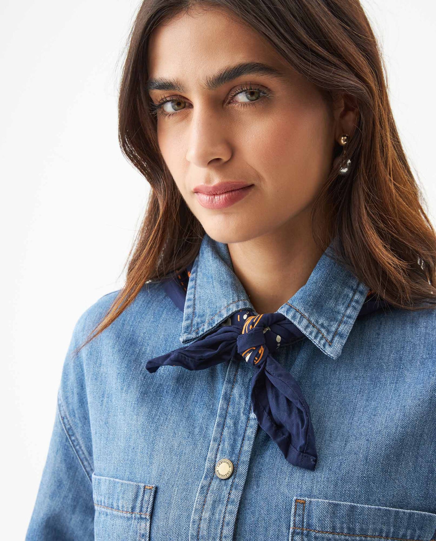 Women's Short Sleeve Denim Shirt with Bandana in Cotton 419G003 - 4