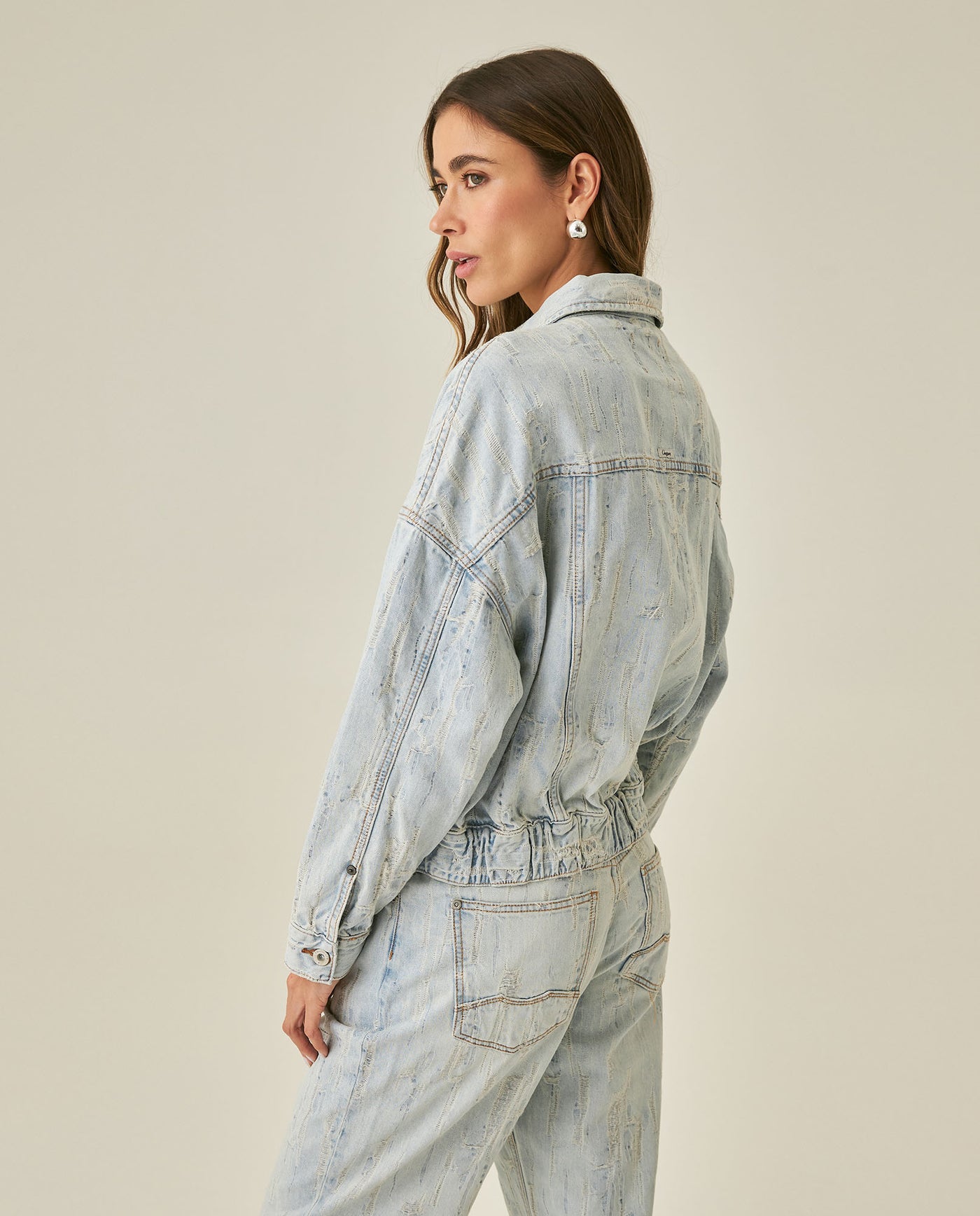 Womens Jacket Trucker Bomber Style Cotton Non-Stretch Light Wash Destroy Effect - Blue 63_421H001_AZU154020_6