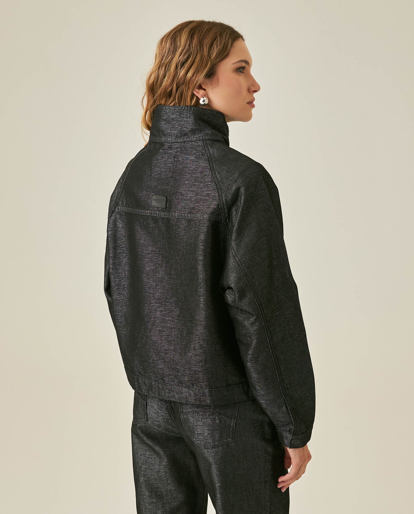 Womens Jacket High Collar Cotton Polyester Sheen Black Wash Mothers - Black 63_421H102_NEG194004_6