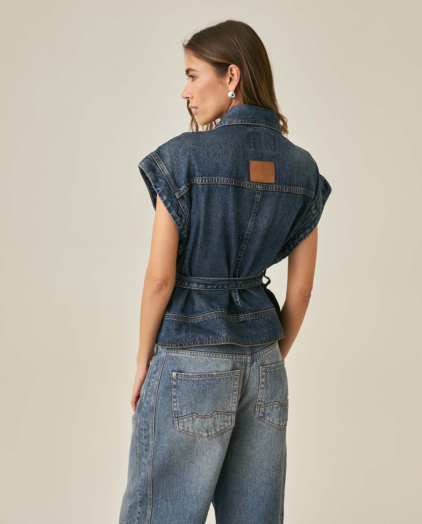 Womens Heritage Vest Cotton Lyocell Dark Wash Leather Yokes Integrated Belt - Blue 63_421H450_AZU184140_6