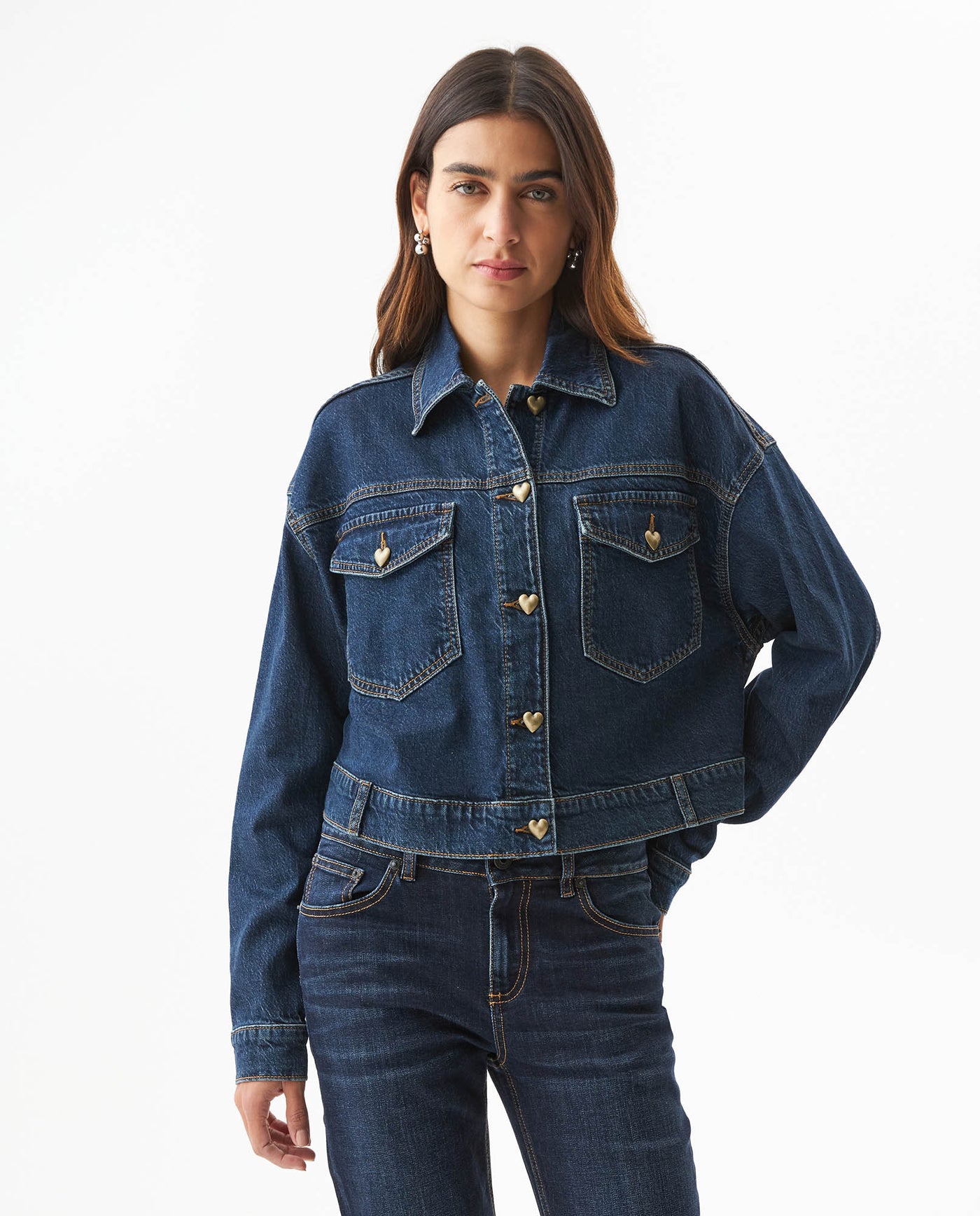 Women's Classic Trucker Denim Jacket Dark Wash in Cotton-Tencel Blend, Navigator 429G000 - 1