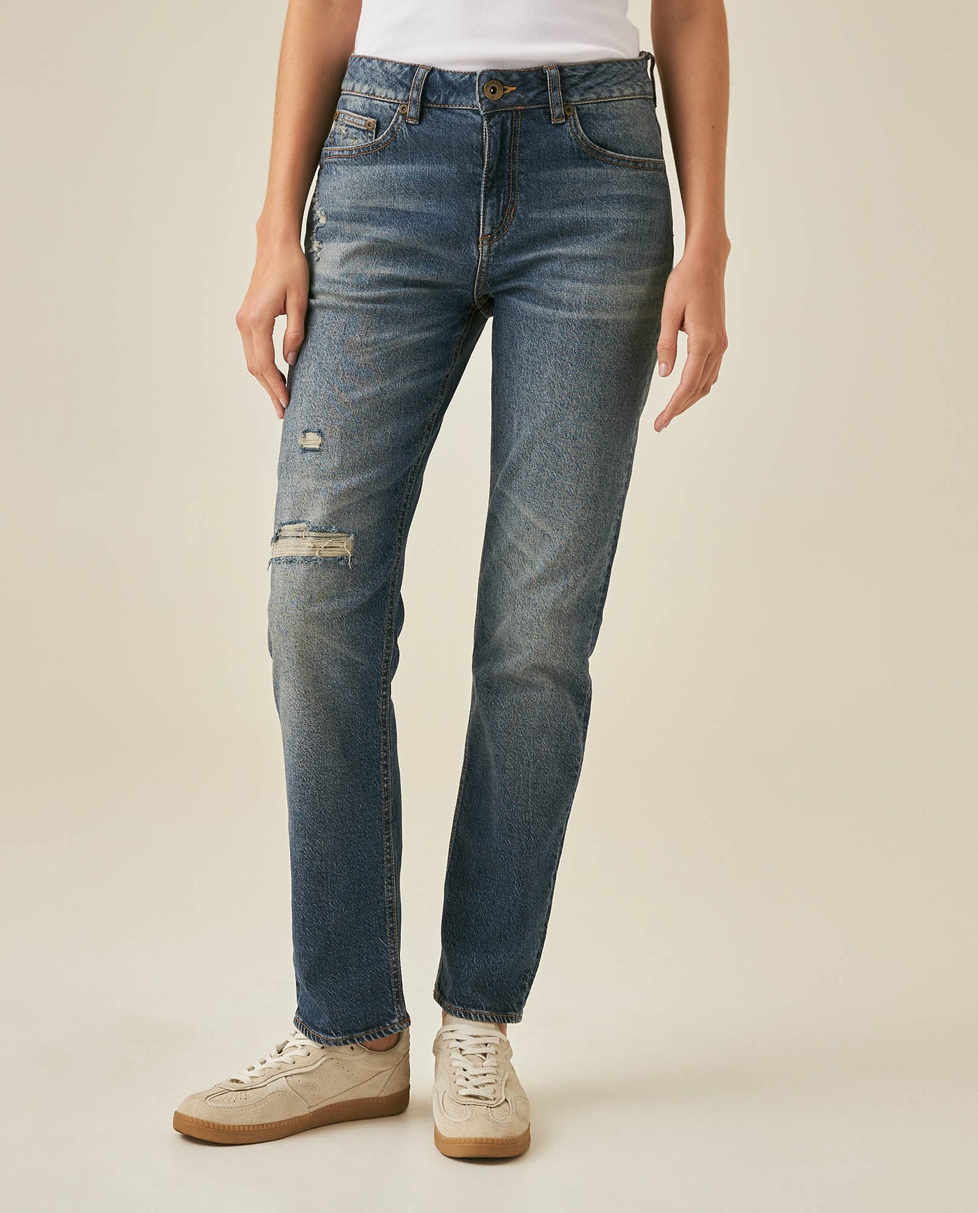 Womens Jeans New Skinny Bootcut High Rise Cotton–Tencel Blend Medium Wash Rips Artisan Repairs - Blue 63_431H011_AZU184140_0