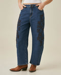 Women's Jeans Special Fit Barrel Super High Rise Cotton Comfort Dark Wash Floral Embroidery - Blue