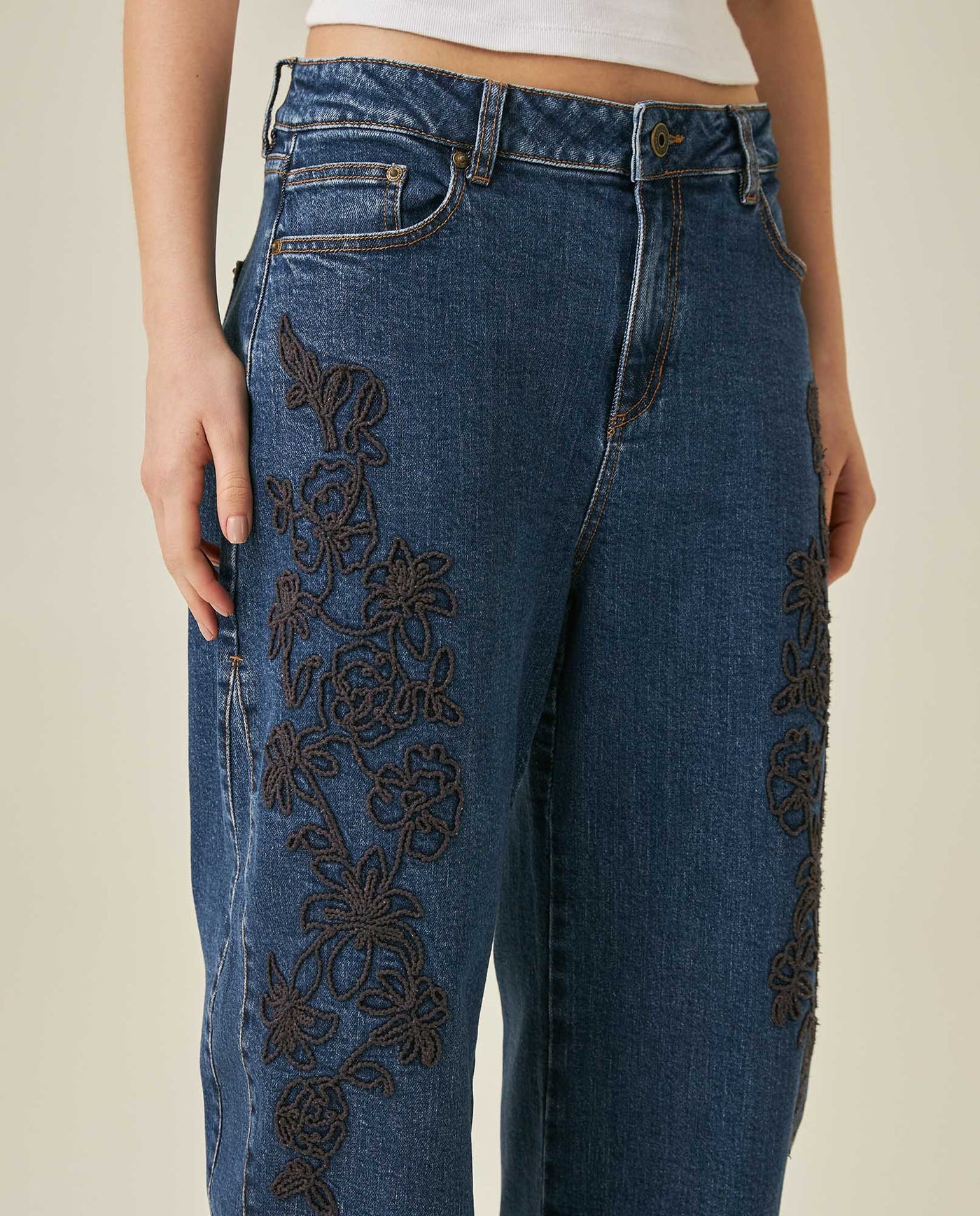 Womens Jeans Special Fit Barrel Super High Rise Cotton Comfort Dark Wash Floral Embroidery - Blue 63_431H018_AZU194052_5